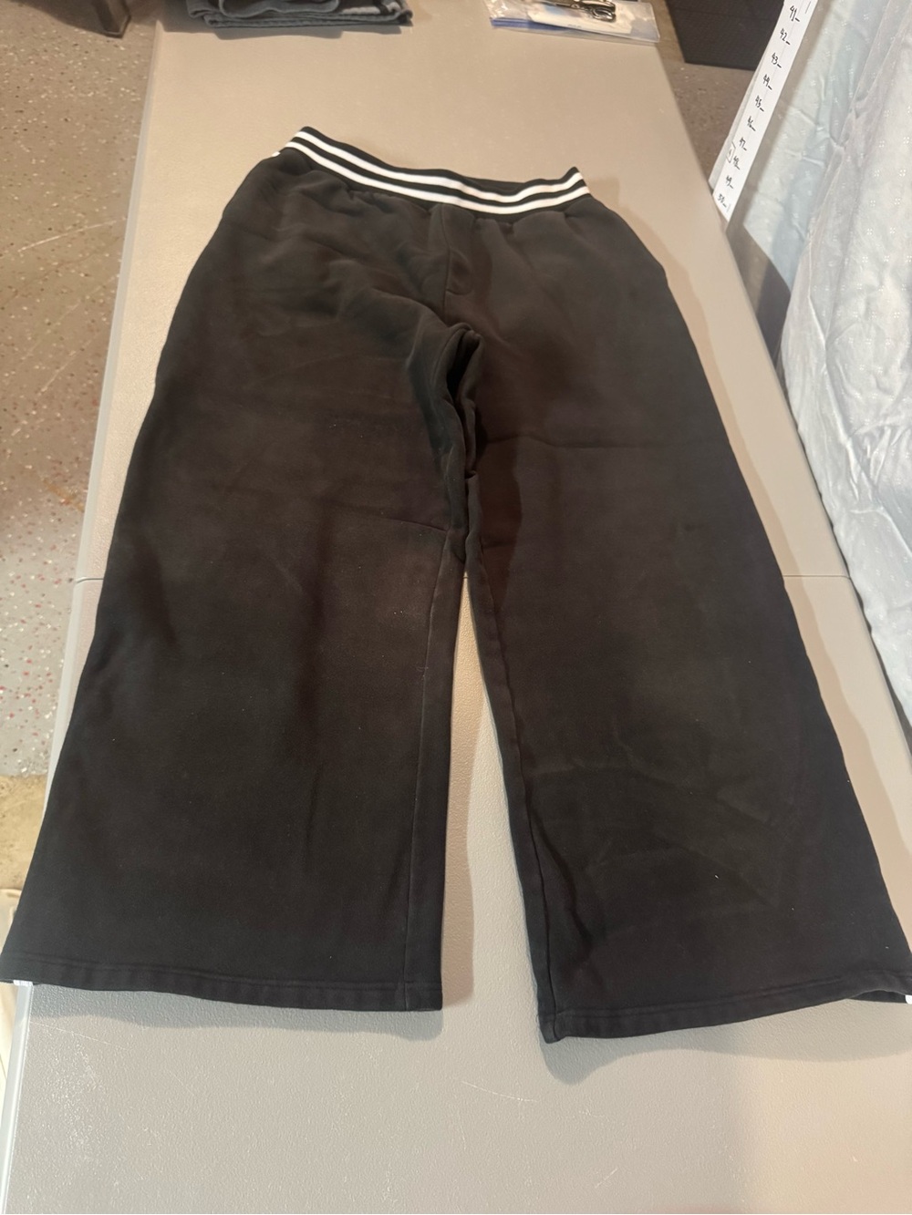 Black Wide-Leg Track Pants with Striped Elastic Waistband